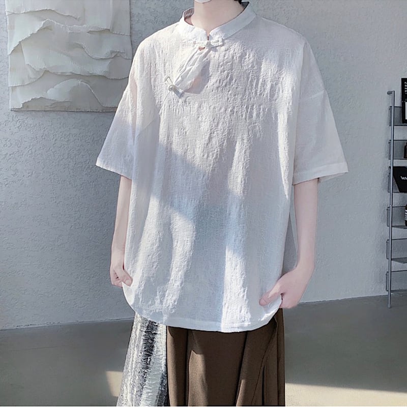 【TIANYIシリーズ】チャイナ風トップス 半袖シャツ 男女兼用 大きいサイズ 3色展開 緑 黒 白