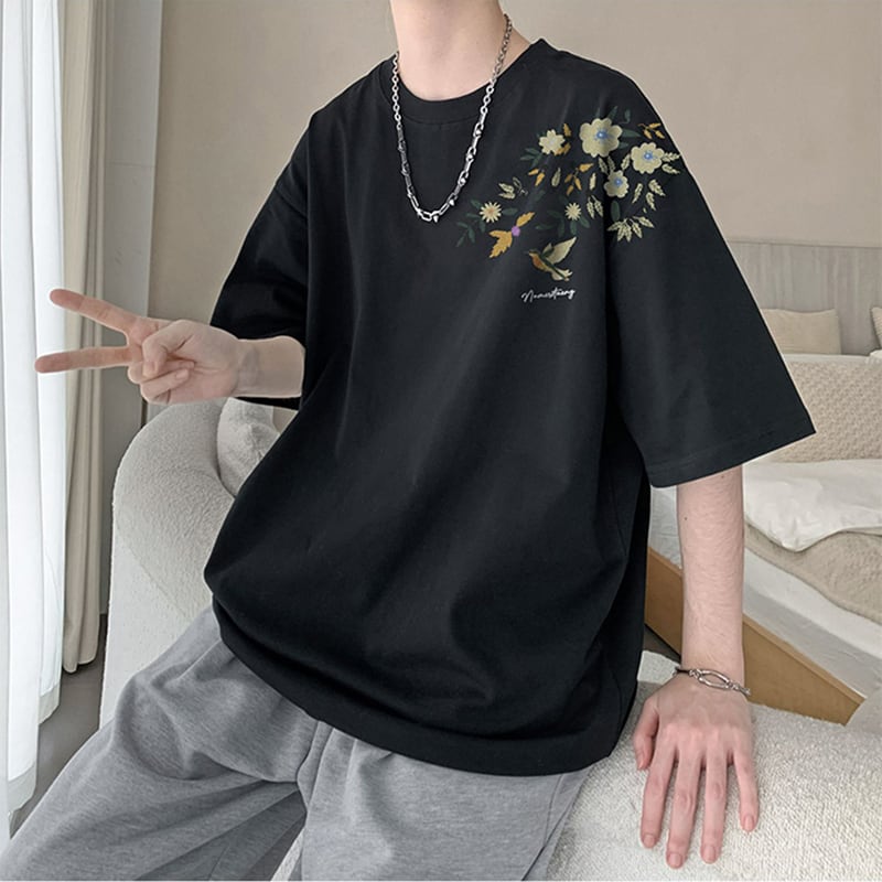 【KADISHOUシリーズ】チャイナ風トップス Tシャツ 半袖 男女兼用 大きいサイズ コットン 鳥 花柄 9色展開