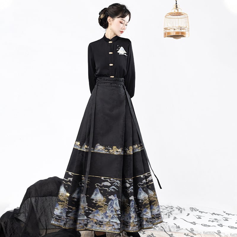 【喚初---明月松間照シリーズ】チャイナ風トップス 長袖 半袖 刺繍 中華服 シャツ 可愛い ブラック 黒色