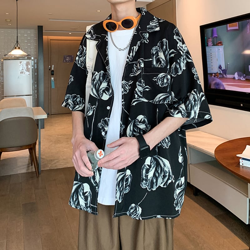 【ZHUIYIシリーズ】チャイナ風トップス 男女兼用 半袖シャツ 大きいサイズ 花柄 シャツ 2色展開 黒 白