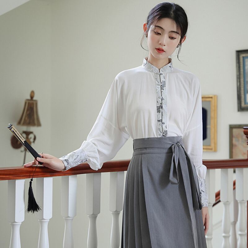 【WUJIAシリーズ】チャイナ風長袖シャツ トップス 漢元素 夏服 気質アップ S M L 切り替え