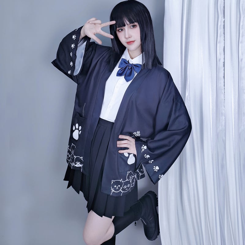 【倉寶兒屋シリーズ】チャイナ風法被 猫柄プリント 夏服 薄手 ブラック ライトグレー 2色