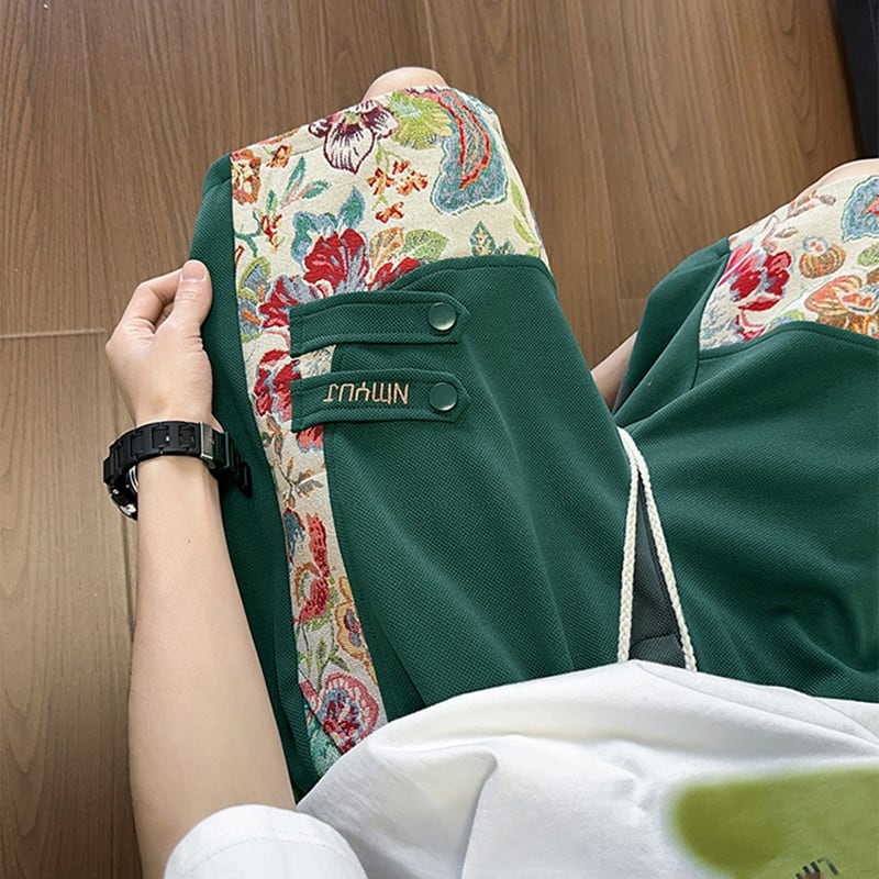 【ZHEYUANシリーズ】チャイナ風ズボン 3色 ボトムス ショートパンツ 男女兼用 大きいサイズ 花柄 切り替え