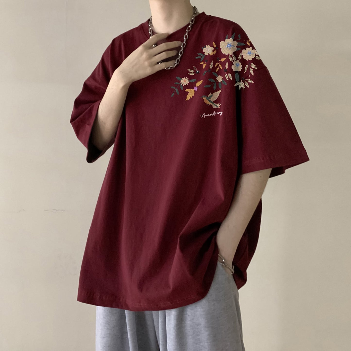 【KADISHOUシリーズ】チャイナ風トップス Tシャツ 半袖 男女兼用 大きいサイズ コットン 鳥 花柄 9色展開
