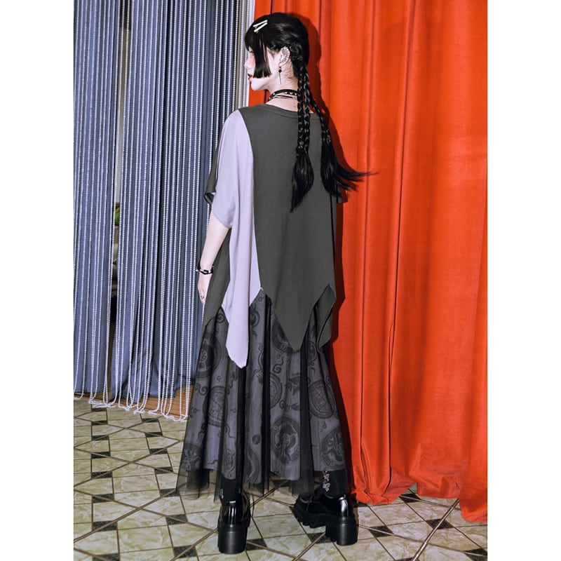 【古怪舍---清心訣シリーズ】★チャイナ風トップス★ 半袖 Tシャツ 個性的 オリジナル 不規則 コットン プリント
