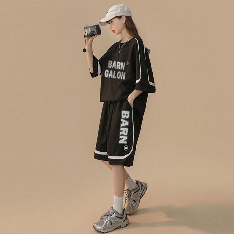 【CHAOMEICHENシリーズ】★セットアップ★ 3COLOR Tシャツ+短パン 夏服 男女兼用 メンズ ベージュ グリーン ブラック - ChinChic