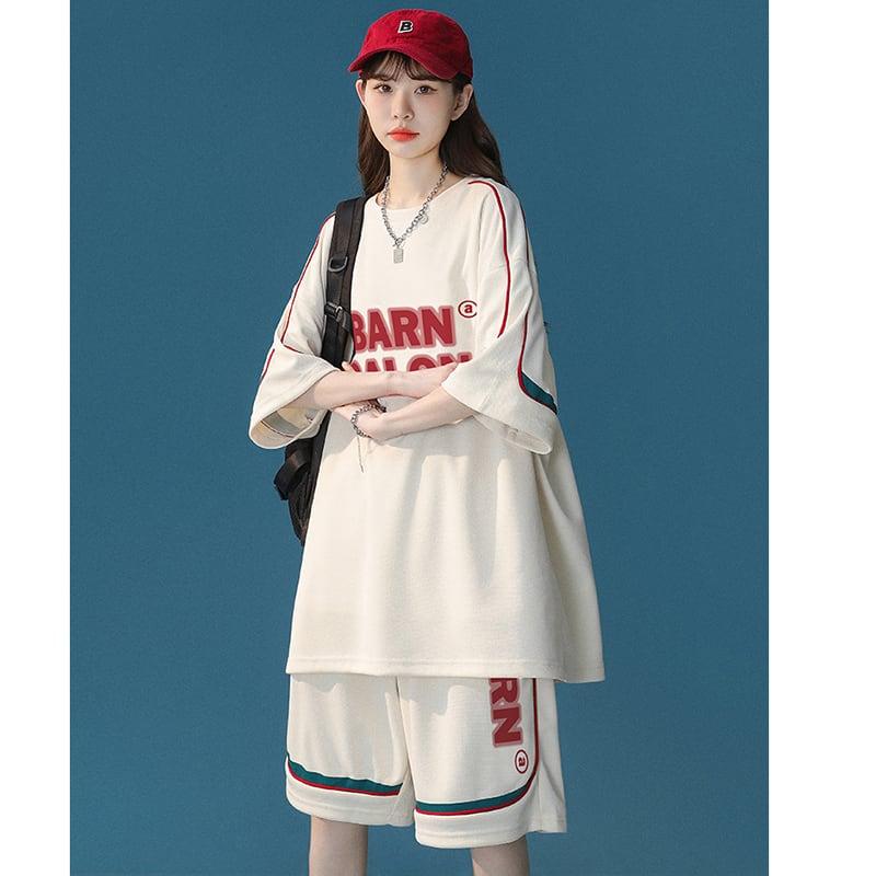 【CHAOMEICHENシリーズ】★セットアップ★ 3COLOR Tシャツ+短パン 夏服 男女兼用 メンズ ベージュ グリーン ブラック - ChinChic
