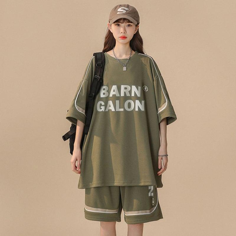 【CHAOMEICHENシリーズ】★セットアップ★ 3COLOR Tシャツ+短パン 夏服 男女兼用 メンズ ベージュ グリーン ブラック - ChinChic