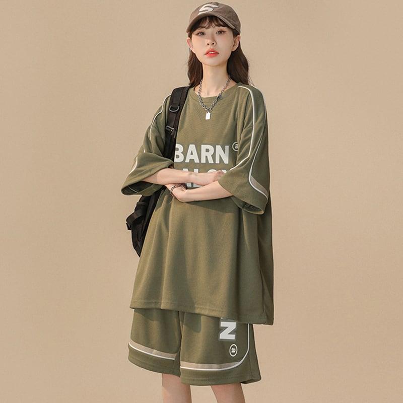 【CHAOMEICHENシリーズ】★セットアップ★ 3COLOR Tシャツ+短パン 夏服 男女兼用 メンズ ベージュ グリーン ブラック - ChinChic