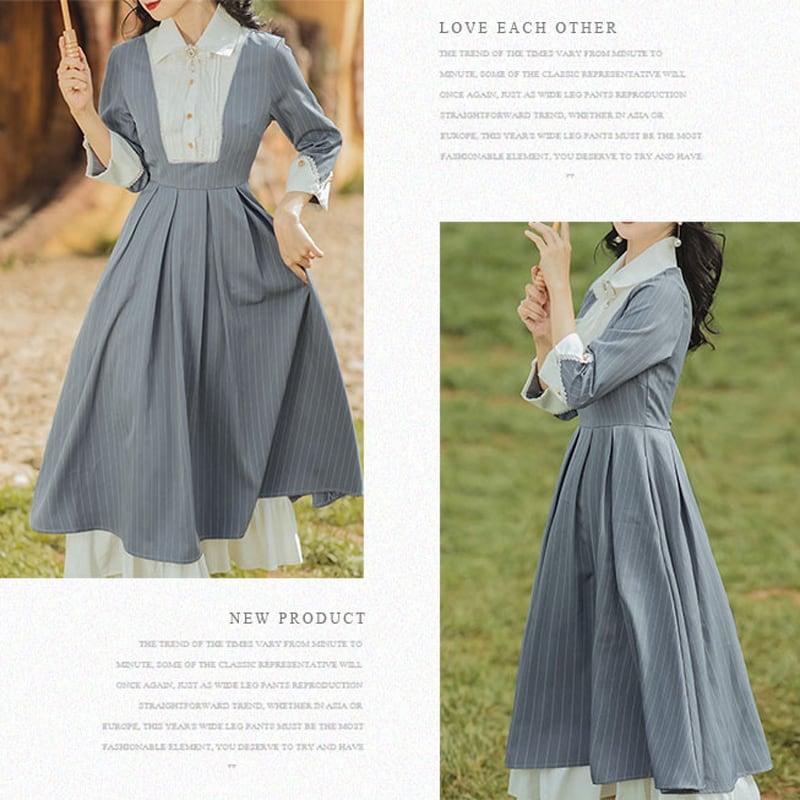 【辰是CHENISシリーズ】★長袖ワンピース★ レトロ 文芸スタイル 気質アップ 縞模様 縦縞 グレー 灰色 S M L XL - ChinChic