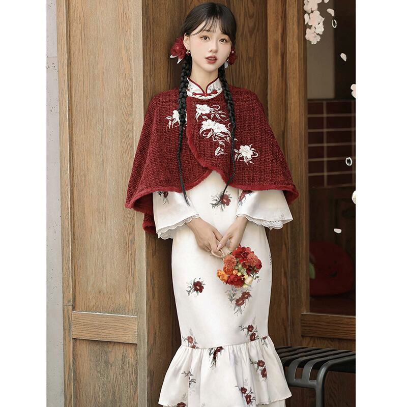 【塵煙雲夢---茶花曲シリーズ】チャイナ風 刺繍マント 中華服 プリント 可愛い ショート丈 レッド