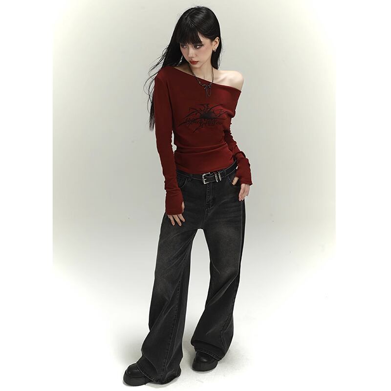 【LADYGHOSTシリーズ】オフショルダー セクシー トップス 個性的 ワインレッド 赤 着回ししやすい 公爵の服