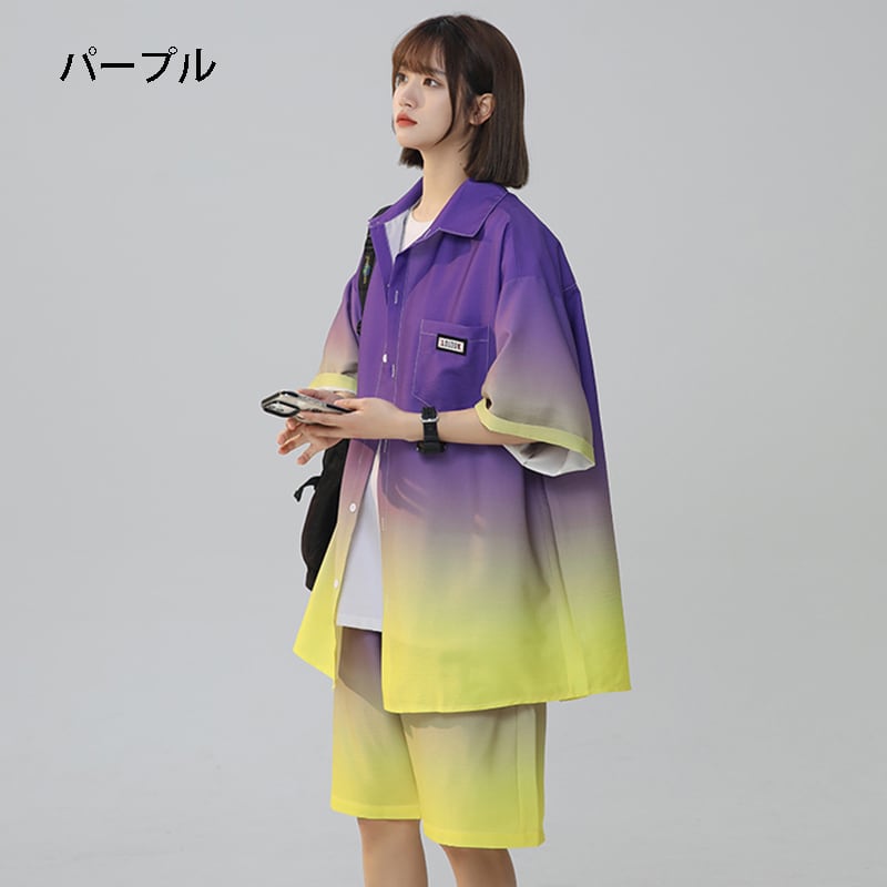 【藤伊曼シリーズ】4色 セットアップ 半袖シャツ + 短パン 男女兼用 大きいサイズ グラデーション
