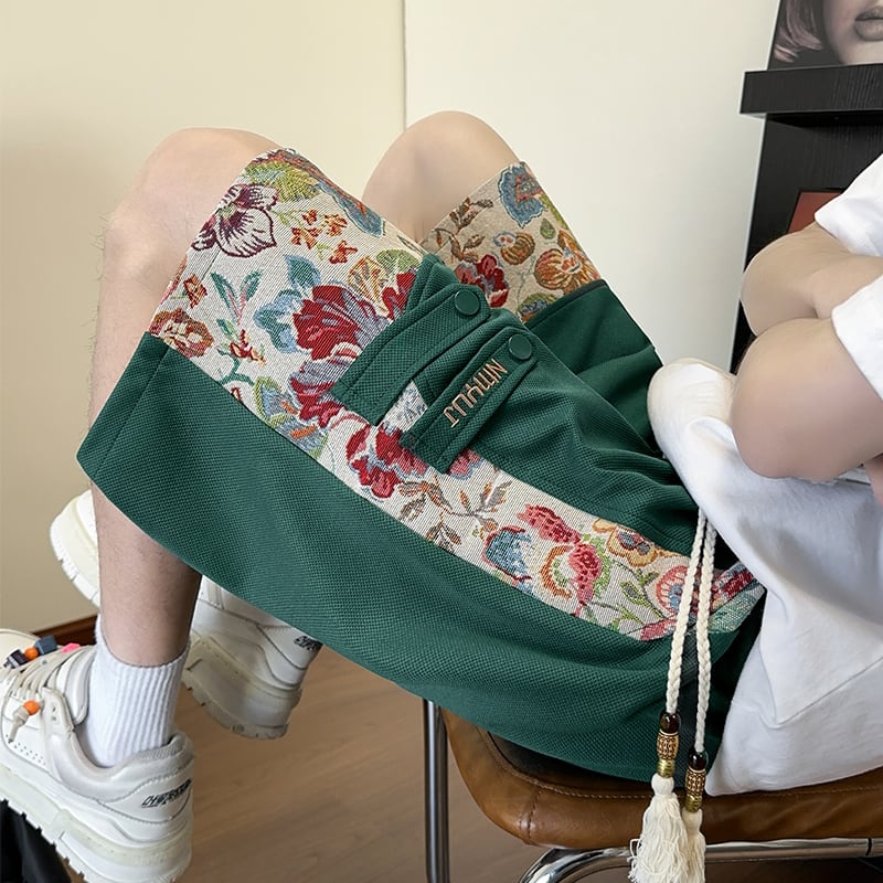 【ZHEYUANシリーズ】チャイナ風ズボン 3色 ボトムス ショートパンツ 男女兼用 大きいサイズ 花柄 切り替え