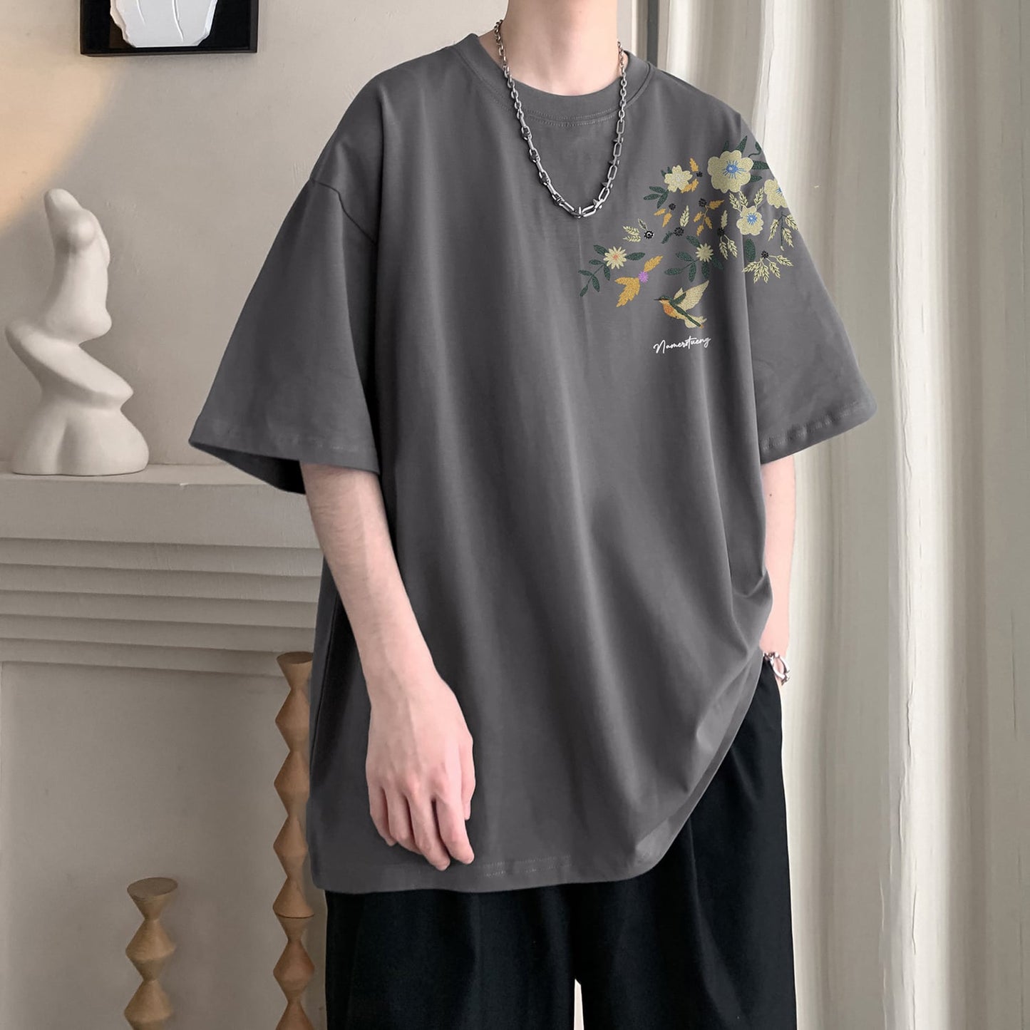 【KADISHOUシリーズ】チャイナ風トップス Tシャツ 半袖 男女兼用 大きいサイズ コットン 鳥 花柄 9色展開