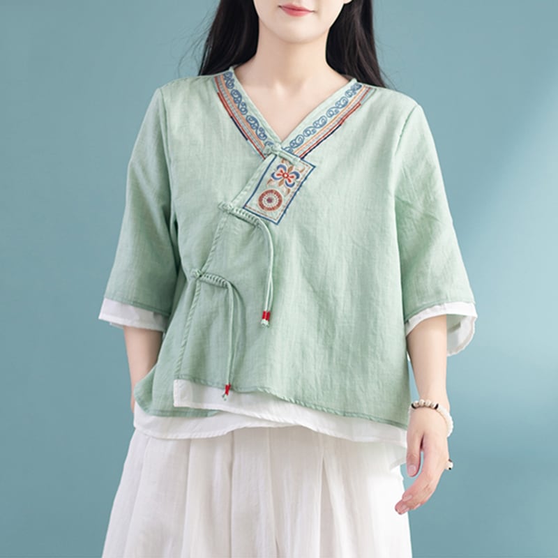 【清裊シリーズ】チャイナ風刺繍シャツ Vネック 4色展開 通販デザイン おしゃれトップス