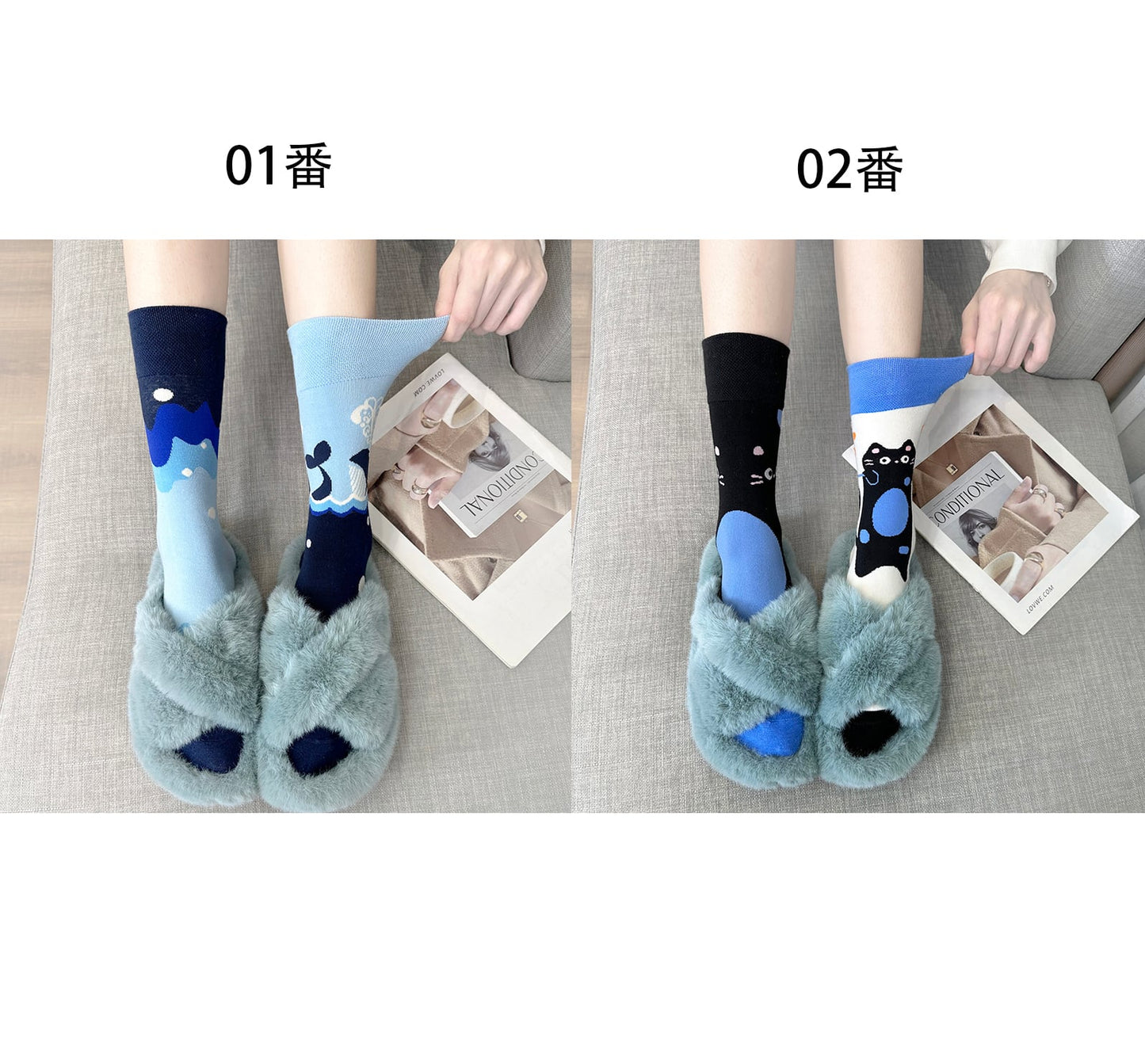 【WASOCKSシリーズ】靴下セット 2足 コットン 猫柄 鯨柄 黒 青 可愛い