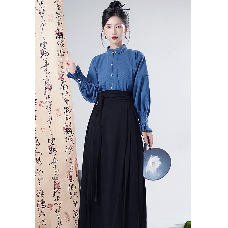 【WUJIAシリーズ】チャイナ風シャツ 長袖 トップス 気質アップ ブルー 青 合わせやすい S M L XL