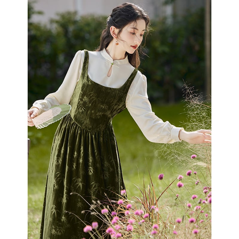 【水墨年華シリーズ】チャイナ風セットアップ ワンピース 2点セット 中華服 ベルベット グリーン