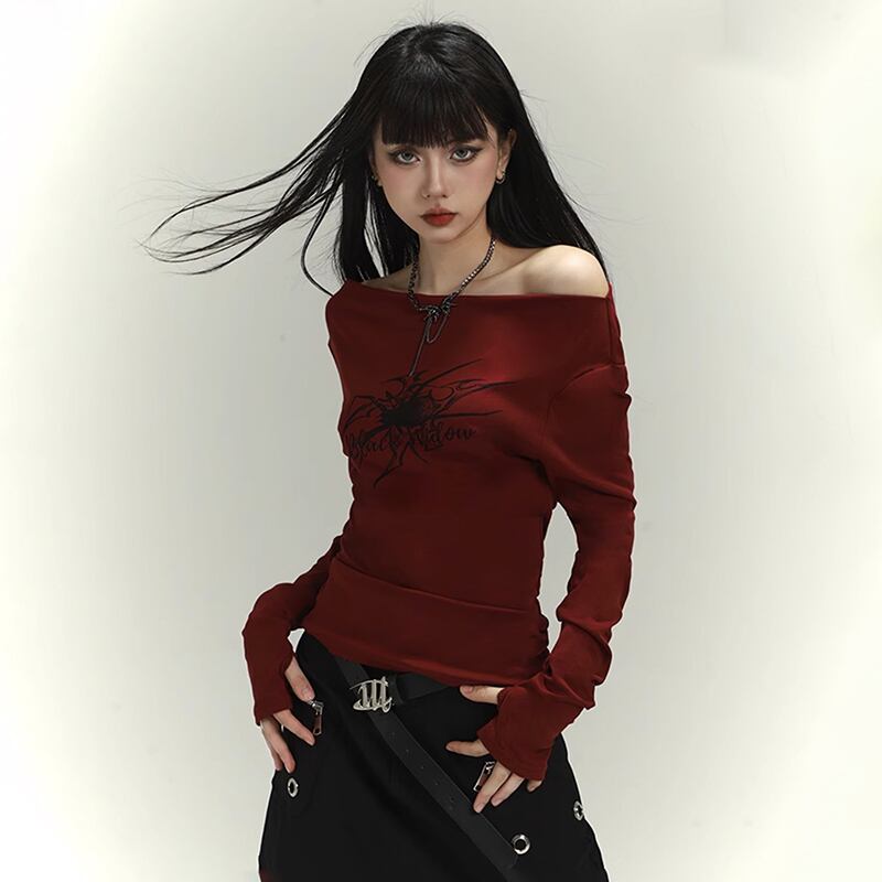 【LADYGHOSTシリーズ】オフショルダー セクシー トップス 個性的 ワインレッド 赤 着回ししやすい 公爵の服