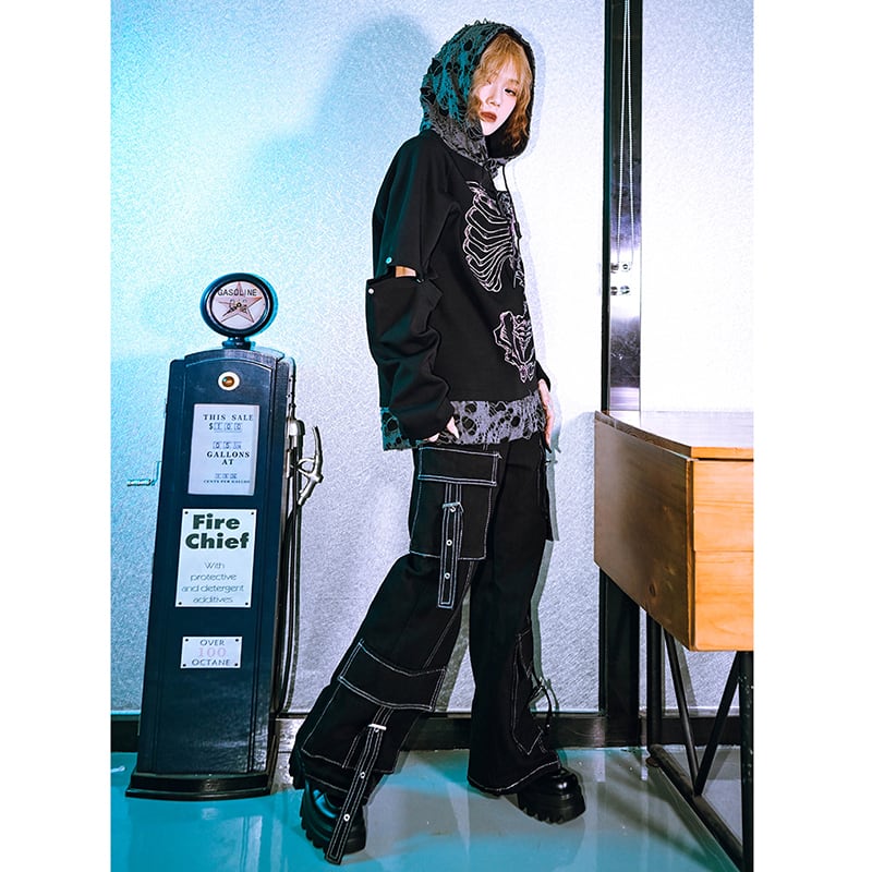 【古怪舍---花骨シリーズ】チャイナ風トップス パーカー 個性的 レトロ 切り替え 髑髏 おしゃれ メンズ レディース