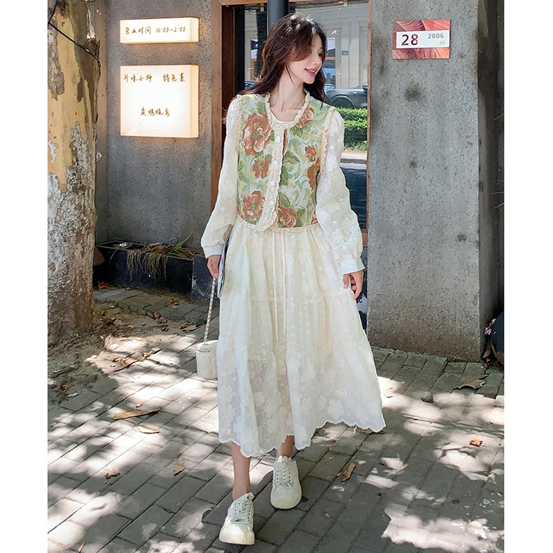 【MOBAIシリーズ】チャイナ風ワンピース 2点セット ワンピース&ベスト 花柄 レディース デート用 可愛い