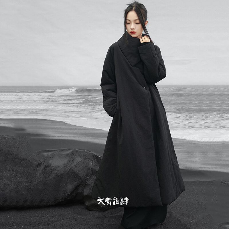 【大青龍肆シリーズ】チャイナ風コート 綿入り ブラック 冬服 暖かい ロング丈 レディース