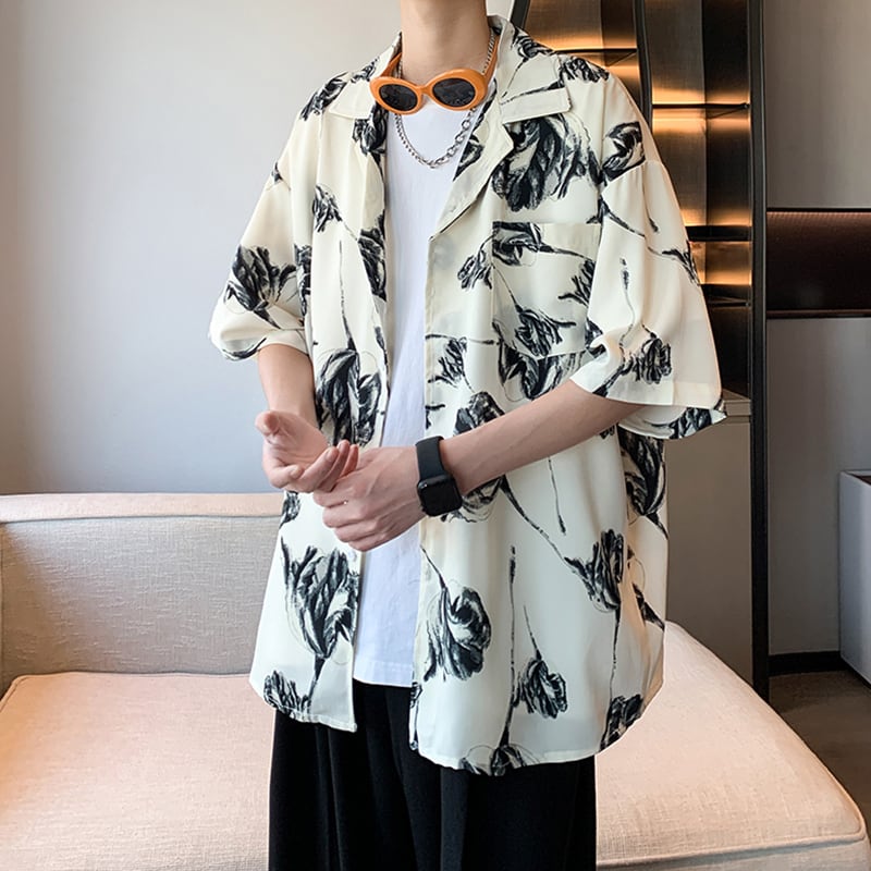 【ZHUIYIシリーズ】チャイナ風トップス 男女兼用 半袖シャツ 大きいサイズ 花柄 シャツ 2色展開 黒 白