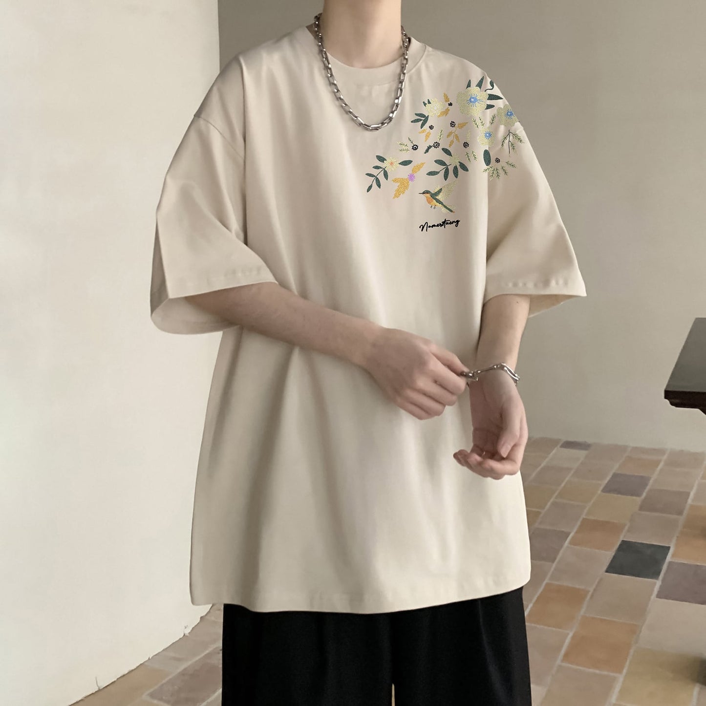 【KADISHOUシリーズ】チャイナ風トップス Tシャツ 半袖 男女兼用 大きいサイズ コットン 鳥 花柄 9色展開