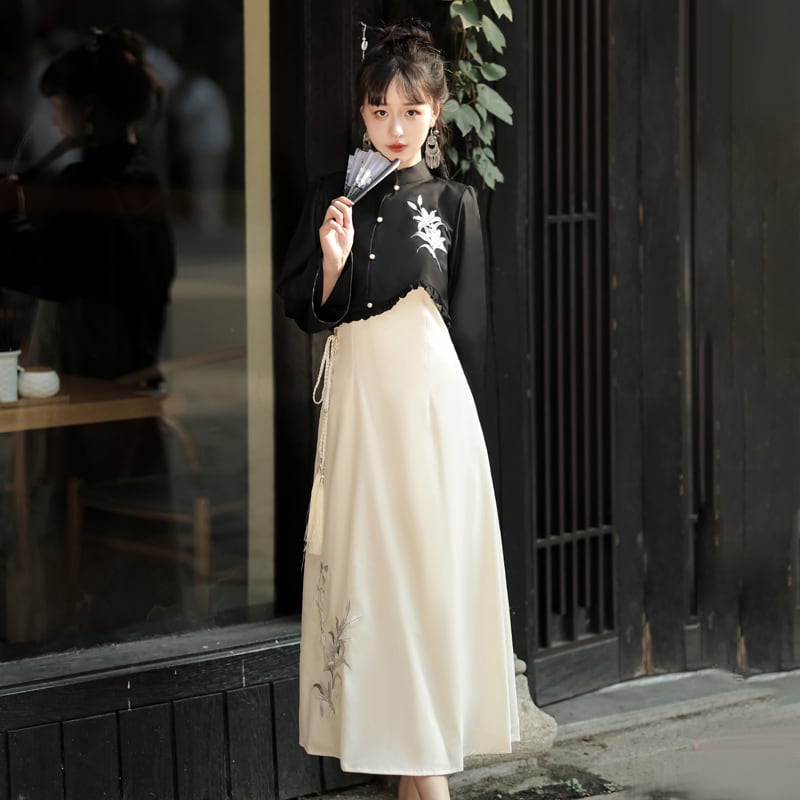 【漢如初---風鈴百合シリーズ】チャイナ風セットアップ 2点セット トップス つりワンピース 中華服 漢服 ワンピース