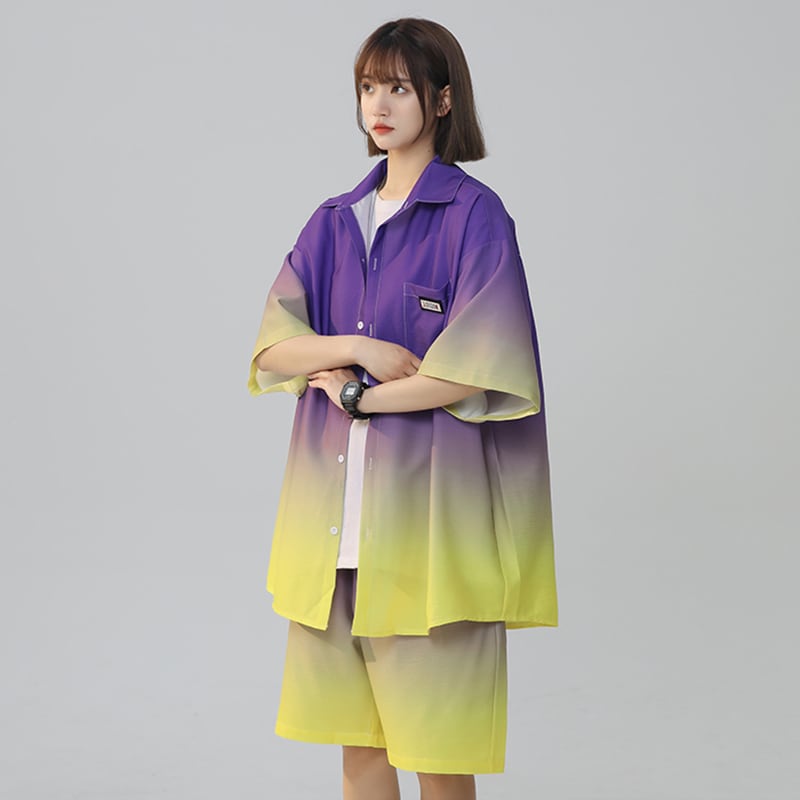 【藤伊曼シリーズ】4色 セットアップ 半袖シャツ + 短パン 男女兼用 大きいサイズ グラデーション