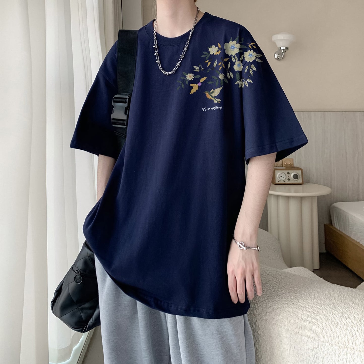【KADISHOUシリーズ】チャイナ風トップス Tシャツ 半袖 男女兼用 大きいサイズ コットン 鳥 花柄 9色展開