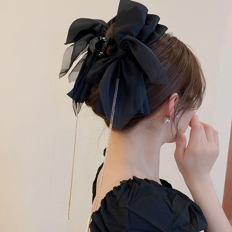 【DREJEWシリーズ】★髪飾り★ ヘアクリップ レディース アクセサリー リボン フリンジ 大きめ デート 黒 - ChinChic
