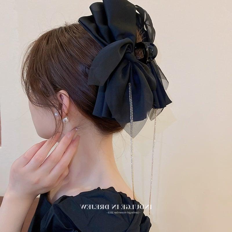【DREJEWシリーズ】★髪飾り★ ヘアクリップ レディース アクセサリー リボン フリンジ 大きめ デート 黒 - ChinChic