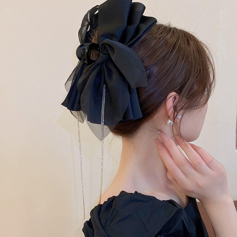 【DREJEWシリーズ】★髪飾り★ ヘアクリップ レディース アクセサリー リボン フリンジ 大きめ デート 黒 - ChinChic