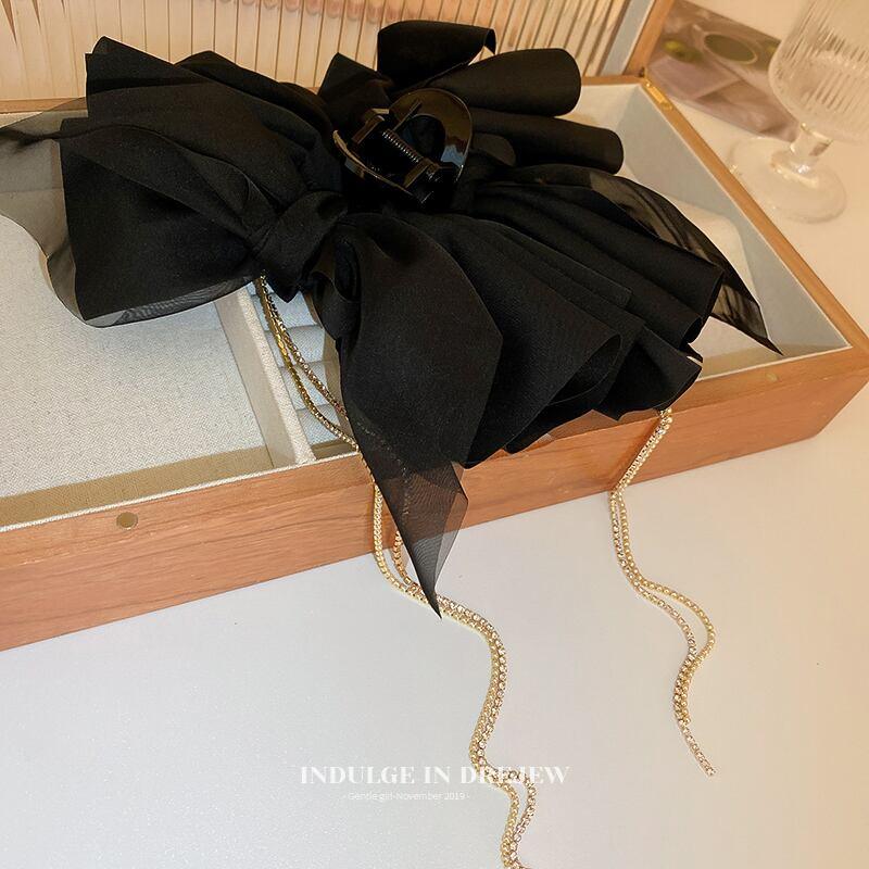 【DREJEWシリーズ】★髪飾り★ ヘアクリップ レディース アクセサリー リボン フリンジ 大きめ デート 黒 - ChinChic