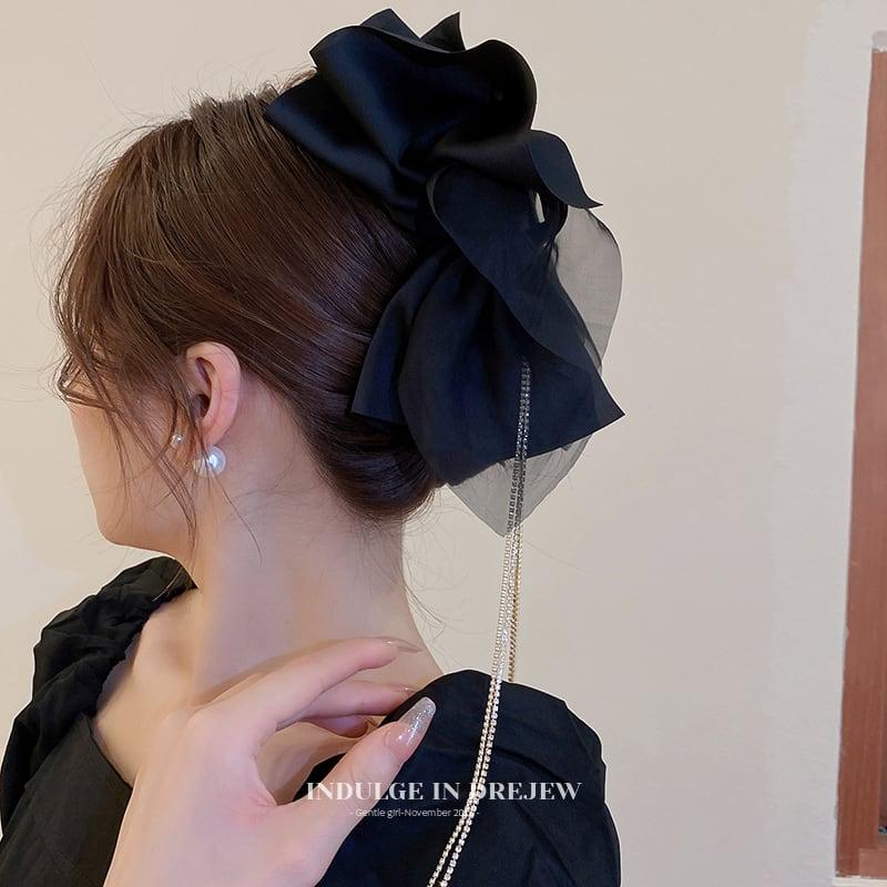【DREJEWシリーズ】★髪飾り★ ヘアクリップ レディース アクセサリー リボン フリンジ 大きめ デート 黒 - ChinChic