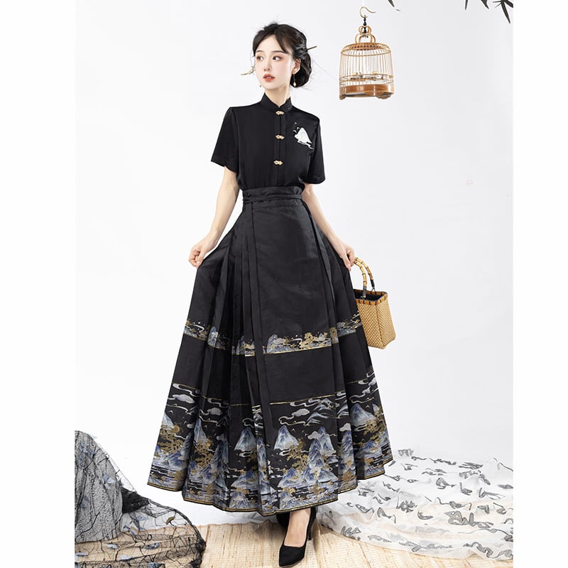 【喚初---明月松間照シリーズ】チャイナ風トップス 長袖 半袖 刺繍 中華服 シャツ 可愛い ブラック 黒色