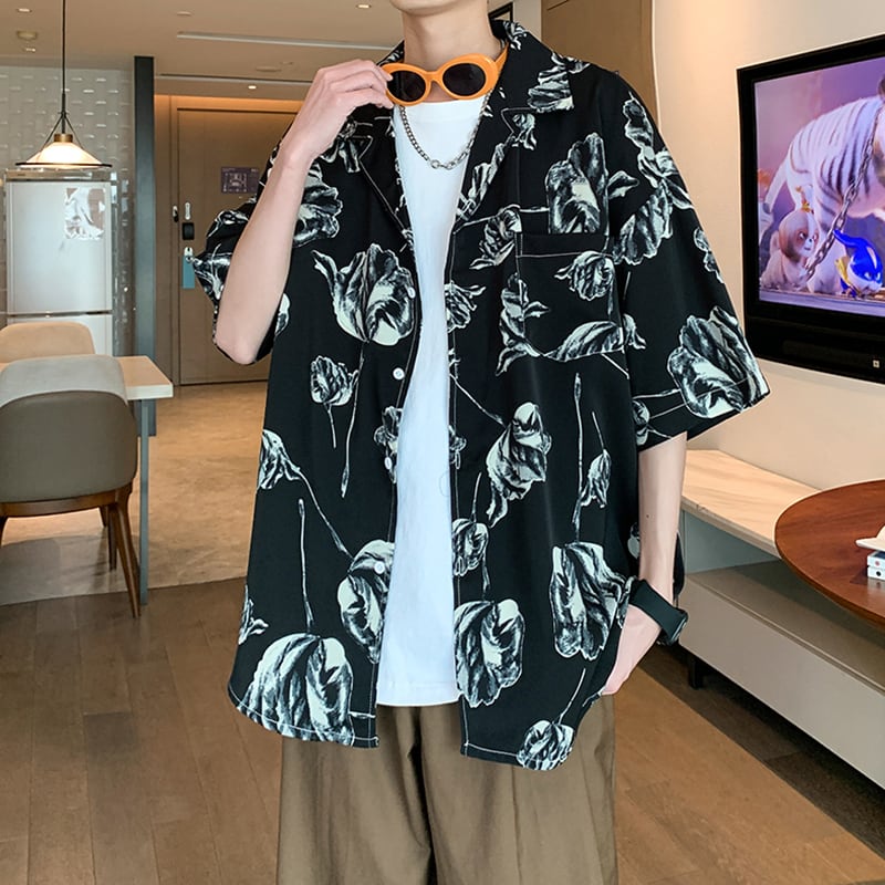 【ZHUIYIシリーズ】チャイナ風トップス 男女兼用 半袖シャツ 大きいサイズ 花柄 シャツ 2色展開 黒 白