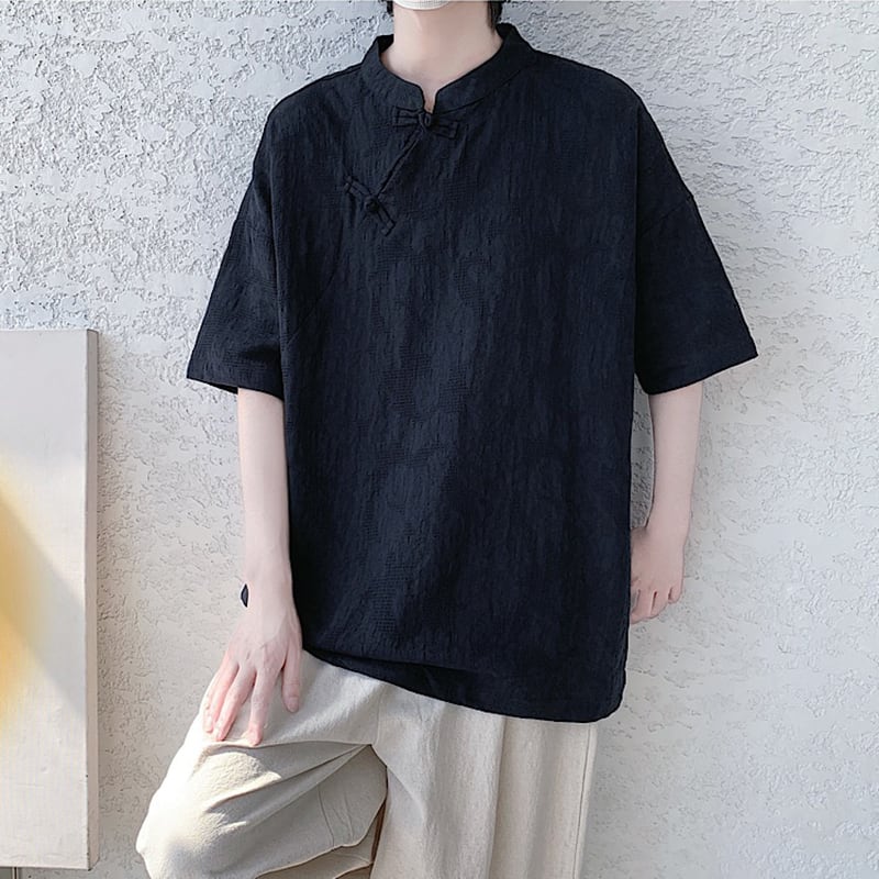 【TIANYIシリーズ】チャイナ風トップス 半袖シャツ 男女兼用 大きいサイズ 3色展開 緑 黒 白