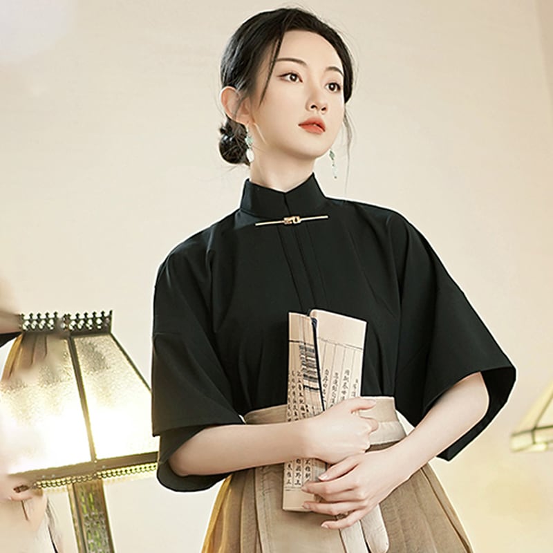 【BAIRIMENGシリーズ】チャイナ風シャツ トップス 中華服 ブラック レトロ シンプル 気質アップ