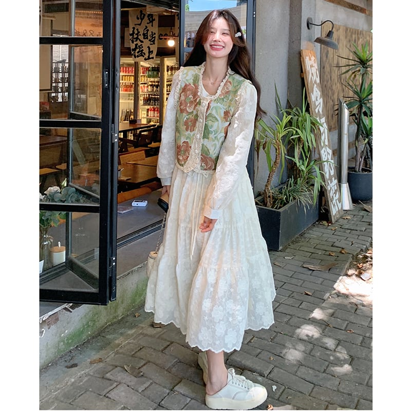 【MOBAIシリーズ】チャイナ風ワンピース 2点セット ワンピース&ベスト 花柄 レディース デート用 可愛い