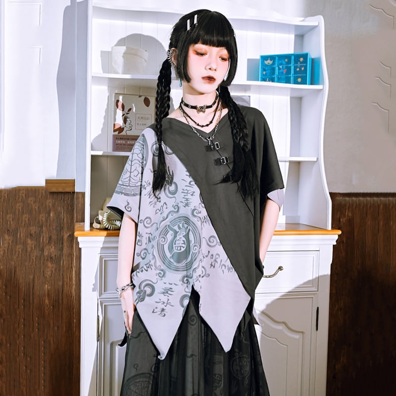 【古怪舍---清心訣シリーズ】★チャイナ風トップス★ 半袖 Tシャツ 個性的 オリジナル 不規則 コットン プリント