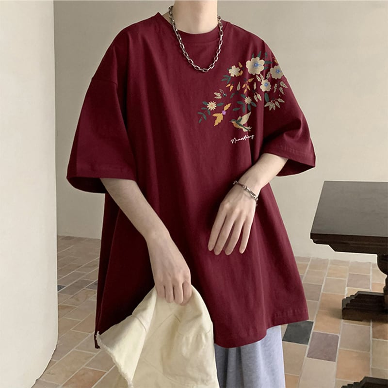 【KADISHOUシリーズ】チャイナ風トップス Tシャツ 半袖 男女兼用 大きいサイズ コットン 鳥 花柄 9色展開
