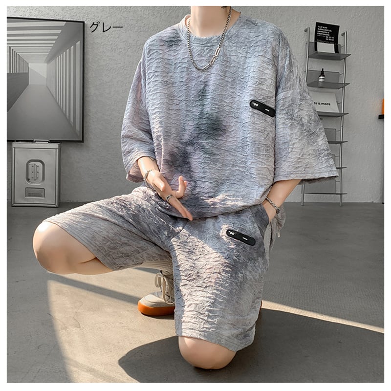 【ZHUIYIシリーズ】セットアップ Tシャツ 短パン 3色 男女兼用 大きいサイズ 絞り染め カジュアル
