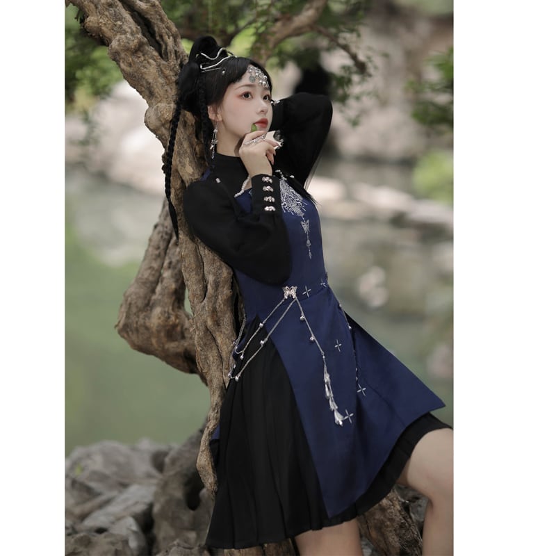 【塵煙雲夢---蝴蝶蠱シリーズ】チャイナ風ワンピース 切り替え 長袖 中華服 イベント デート 撮影 普段着 S M L