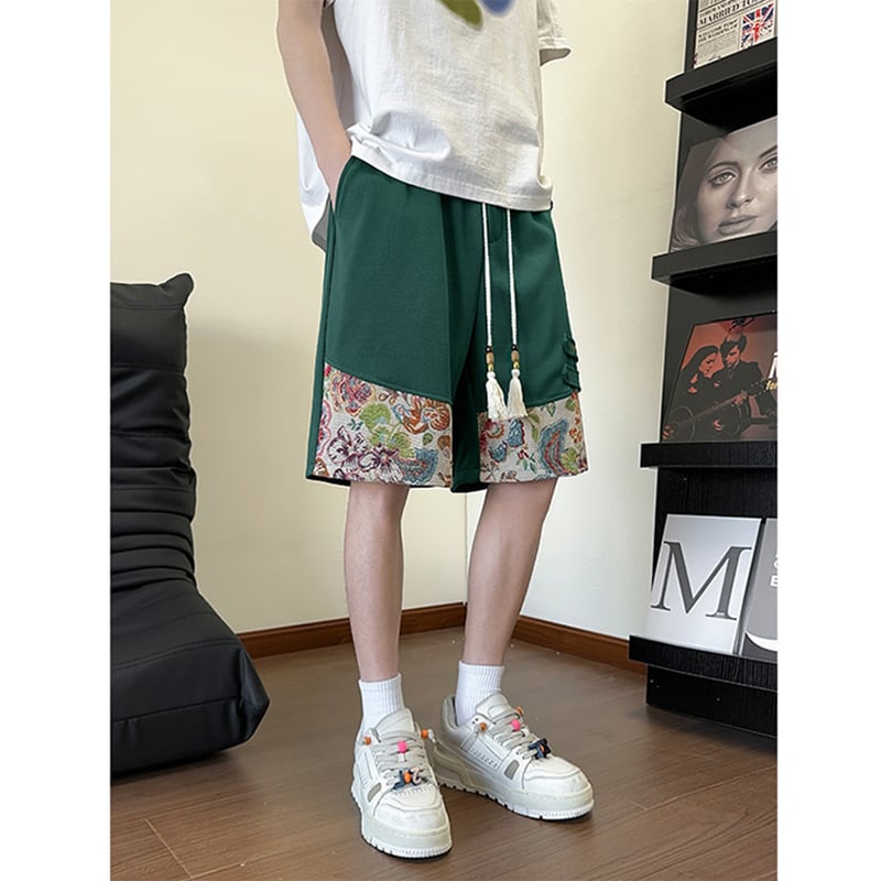 【ZHEYUANシリーズ】チャイナ風ズボン 3色 ボトムス ショートパンツ 男女兼用 大きいサイズ 花柄 切り替え