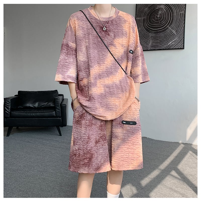 【ZHUIYIシリーズ】セットアップ Tシャツ 短パン 3色 男女兼用 大きいサイズ 絞り染め カジュアル