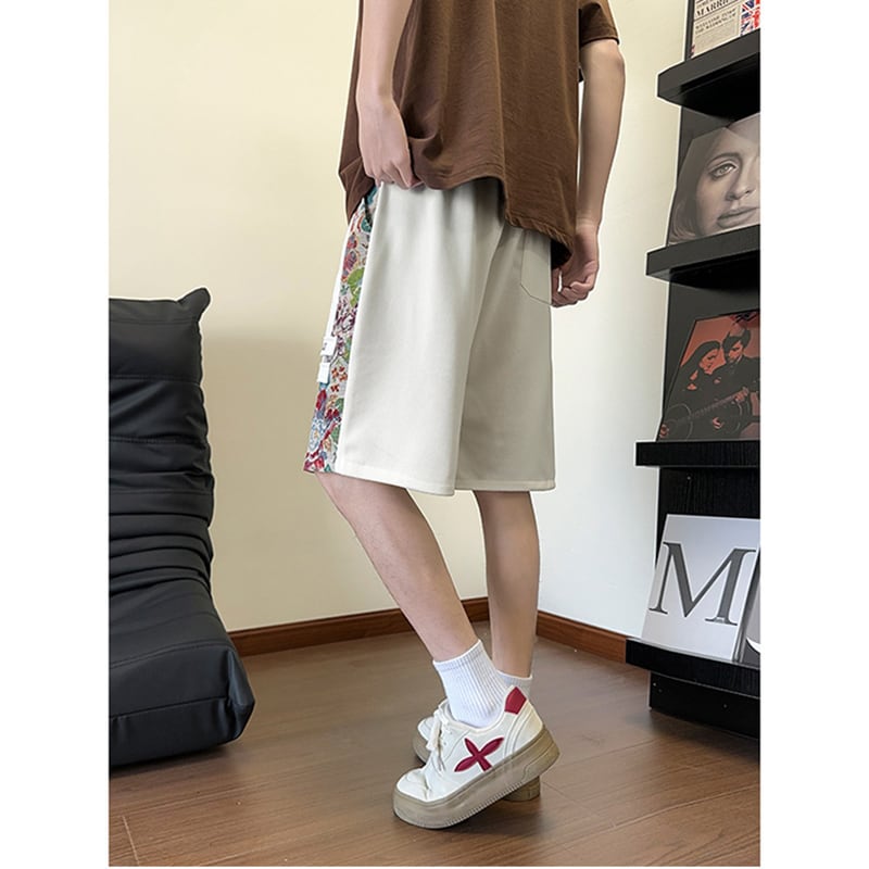 【ZHEYUANシリーズ】チャイナ風ズボン 3色 ボトムス ショートパンツ 男女兼用 大きいサイズ 花柄 切り替え