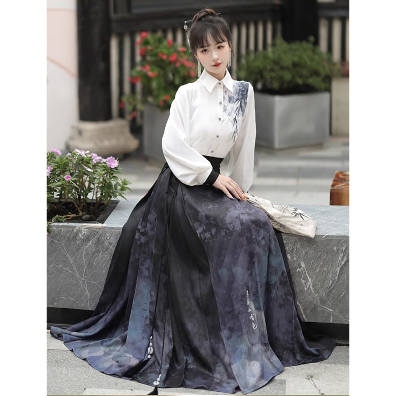 【塵煙雲夢---畫影シリーズ】チャイナ風 スカート 中華服 水墨柄 ロング丈 可愛い 漢服スカート